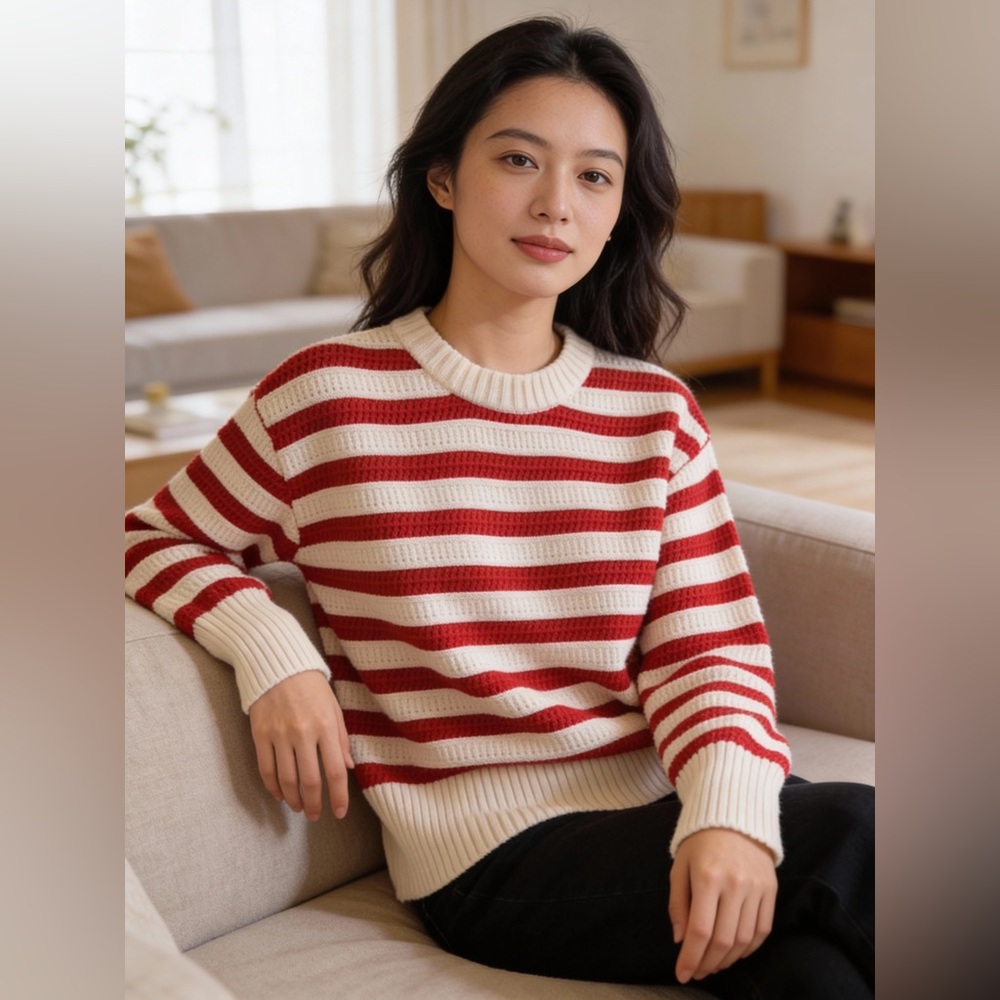 Chic Striped Red and Cream Women's Sweater - Picture 2 of 7